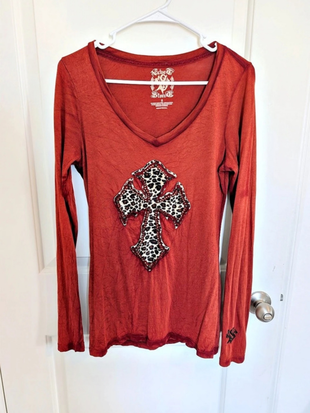 Y2K Velvet Stone Embellished Cross Long Sleeve Top in Terracotta Mineral Wash